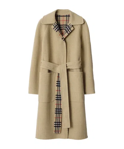 Burberry Reversible Wool Coat Belted Waist Lapels In Brown