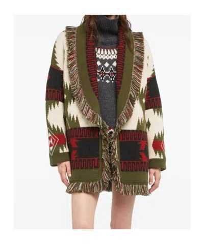 Alanui Icon Jacquard Fringe Cardigan In Green