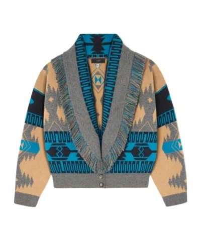 Alanui Geometric Jacquard Belted Fringe Cardigan In Blue