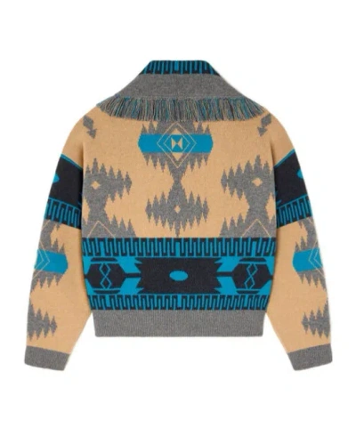 Alanui Geometric Jacquard Belted Fringe Cardigan In Blue