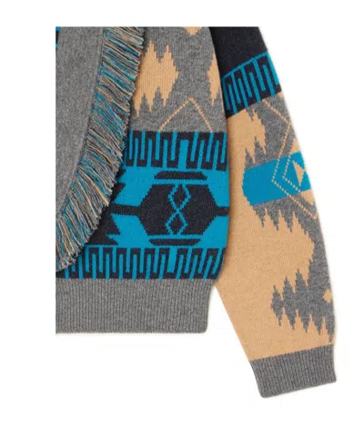 Alanui Geometric Jacquard Belted Fringe Cardigan In Blue
