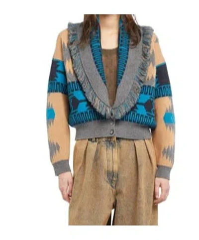 Alanui Geometric Jacquard Belted Fringe Cardigan In Blue