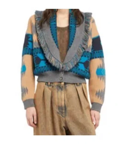 Alanui Geometric Jacquard Belted Fringe Cardigan In Blue