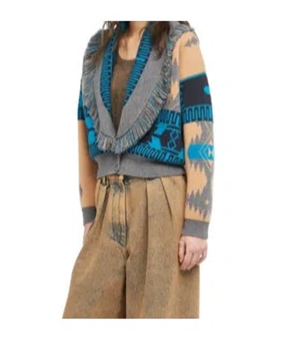Alanui Geometric Jacquard Belted Fringe Cardigan In Blue