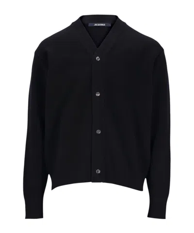 Jacquemus Men Black V-neck Cardigan With J Logo On The Back In Wool Man