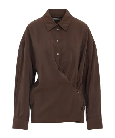 Lemaire Straight Collar Twisted Cotton Shirt In Brown