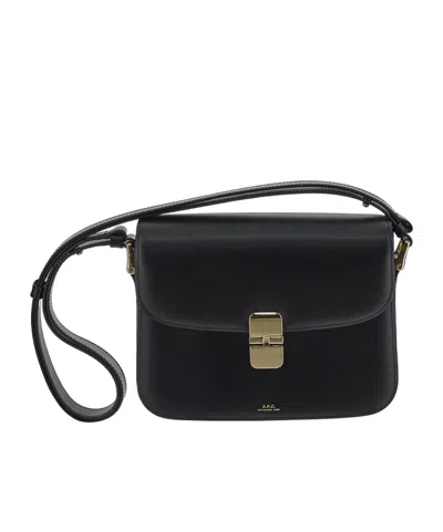 Apc A.p.c. Compact Black Calf Leather Shoulder Bag With Adjustable Strap In Black