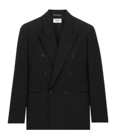 Saint Laurent Double-breasted Blazer In Silk Satin Crepon In Black
