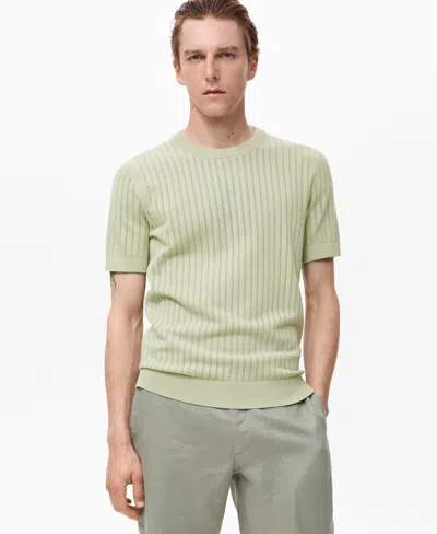 Mango Men's Striped Openwork Cotton T-shirt In Green