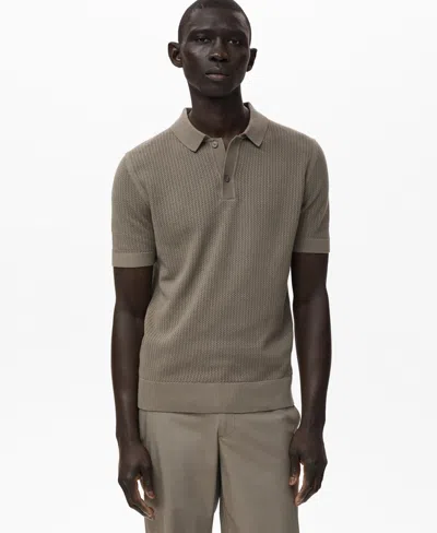 Mango Openwork Knit Cotton Polo In Gray