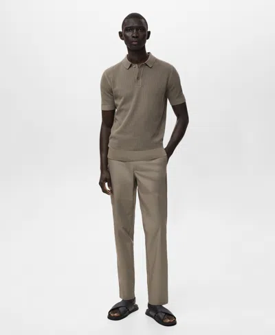 Mango Openwork Knit Cotton Polo In Gray