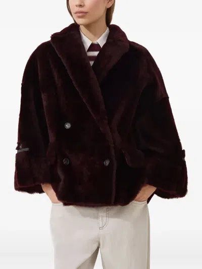 Brunello Cucinelli Reversible Shearling Outerwear With Shiny Cuff Details. In Red