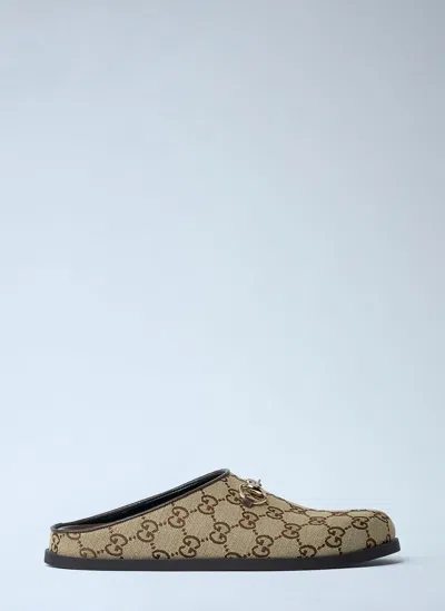 Gucci Gg Monogram Horsebit Flat Mules In Sand