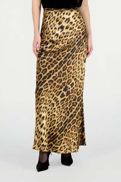 Roberto Cavalli Silk Skirt With Jaguar Skin Print In Brown