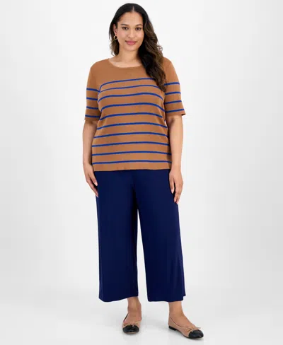 Tahari Asl Plus Size Striped Short-sleeve Top In Brown