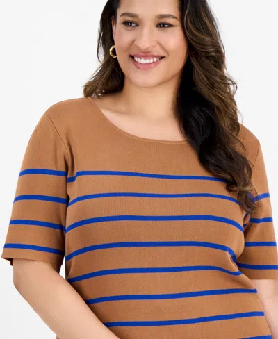 Tahari Asl Plus Size Striped Short-sleeve Top In Brown