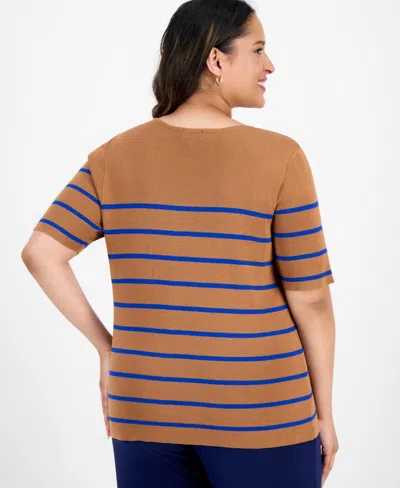 Tahari Asl Plus Size Striped Short-sleeve Top In Brown