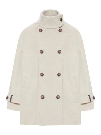 Brunello Cucinelli Virgin Wool And Cashmere Peacoat In Double Cloth With Shiny Cuff Details In White