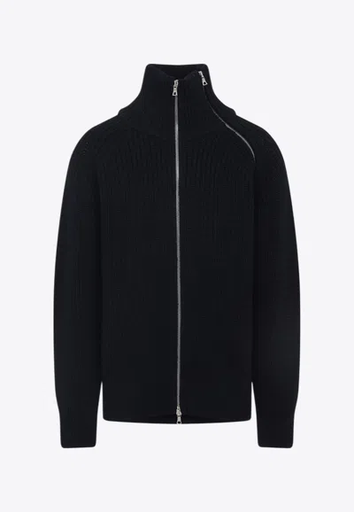Dries Van Noten Black Wool Zip-up Cardigan In Blue