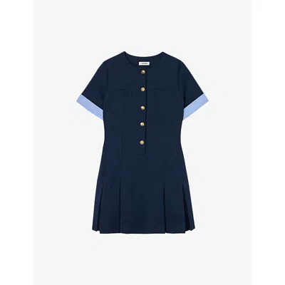 Sandro Womens Navy Blue Patch-pocket Pleated Stretch-woven Mini Dress