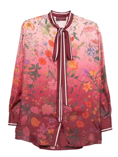 Gucci Bordeaux Shirt With Collar With Bow And All-over Flora Print In Silk Woman In Pink