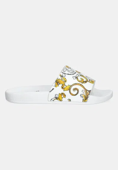 Versace Jeans Couture White Outline Barocco Pool Slides In White