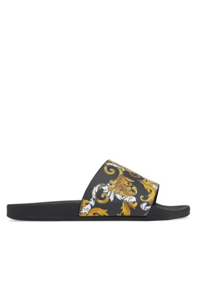 Versace Jeans Couture Black Outline Barocco Pool Slides In Black