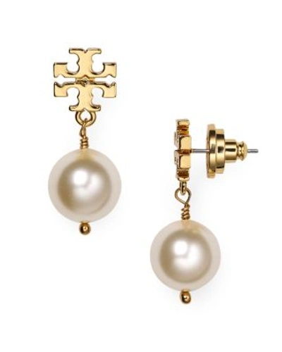 Shop Tory Burch Simulated Pearl Drop Earrings In Ivory/shiny Gold
