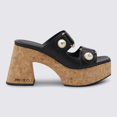 Jimmy Choo Cork Heel Double Strap Sandals In Black