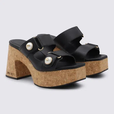 Jimmy Choo Cork Heel Double Strap Sandals In Black