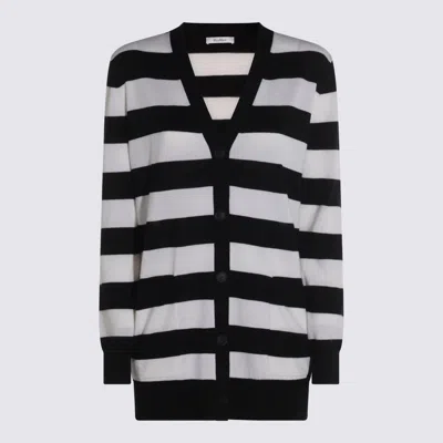 Max Mara Bold Black And White Striped V-neck Sweater With Button-down Front In Black