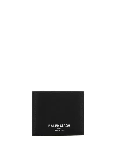 Balenciaga Men Black Bi-fold Wallet With Logo Lettering On The Front In Grained Leather Man In Black