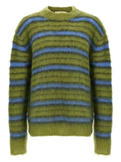 Marni Crew Neck Fuzzy Striped Sweater In Green