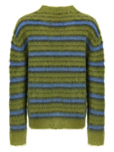 Marni Crew Neck Fuzzy Striped Sweater In Green
