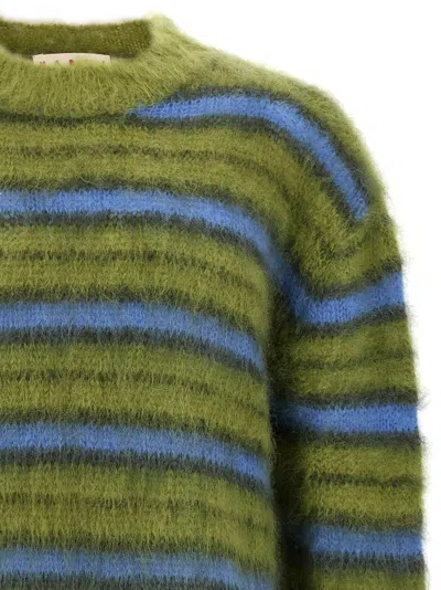 Marni Crew Neck Fuzzy Striped Sweater In Green