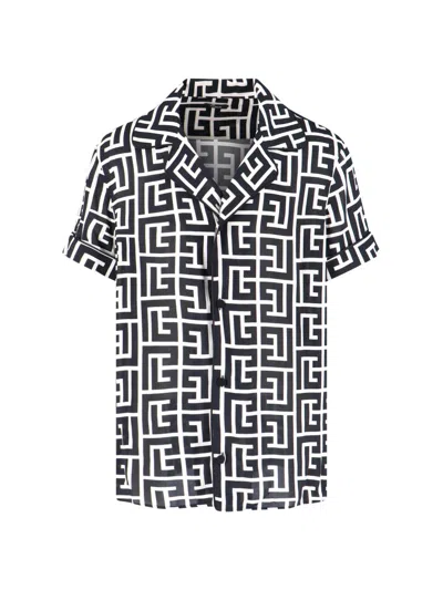 Balmain Monogram Printed Short-sleeved Shirt In Black