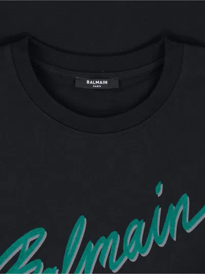 Balmain Crew Neck Flocked Letter T-shirt In Black