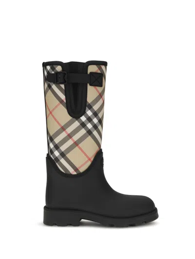 Burberry Woven Check Rain Boots With Adjustable Buckle And Equestrian Design In Black
