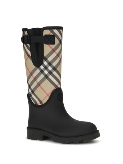Burberry Woven Check Rain Boots With Adjustable Buckle And Equestrian Design In Black