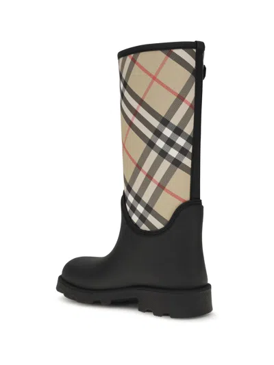 Burberry Woven Check Rain Boots With Adjustable Buckle And Equestrian Design In Black