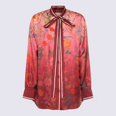 Gucci Bordeaux Shirt With Collar With Bow And All-over Flora Print In Silk Woman In Pink