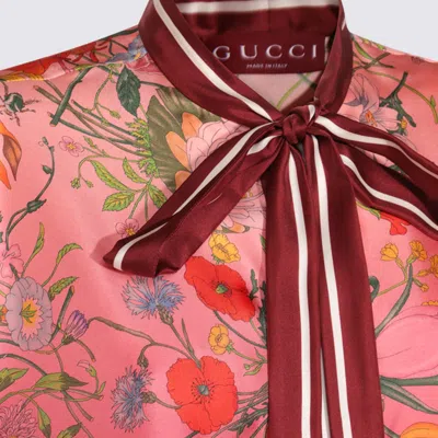 Gucci Bordeaux Shirt With Collar With Bow And All-over Flora Print In Silk Woman In Pink