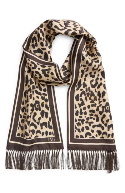 Valentino Garavani Leopard Print Twill Fringe Scarf In Gray