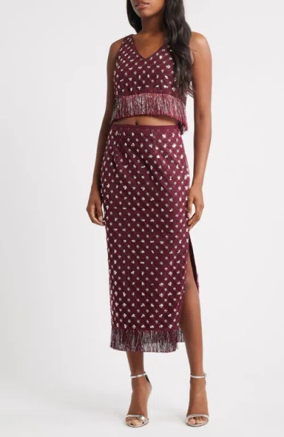 Saylor Embellished Fringe Crop Top & Midi Skirt Set In Burgundy
