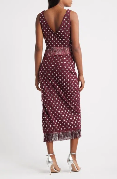 Saylor Embellished Fringe Crop Top & Midi Skirt Set In Burgundy