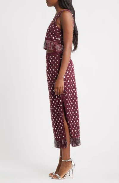 Saylor Embellished Fringe Crop Top & Midi Skirt Set In Burgundy