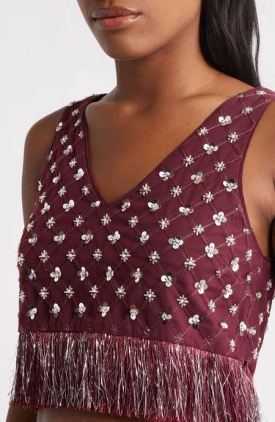 Saylor Embellished Fringe Crop Top & Midi Skirt Set In Burgundy