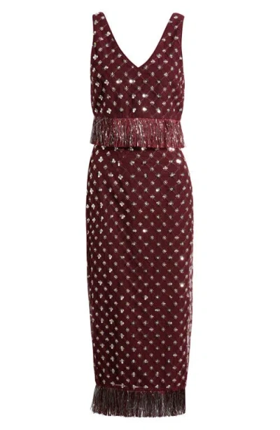 Saylor Embellished Fringe Crop Top & Midi Skirt Set In Burgundy