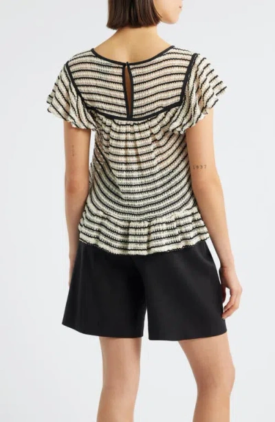 Bobeau Ruffle Open Stitch Short Sleeve Sweater In Multi