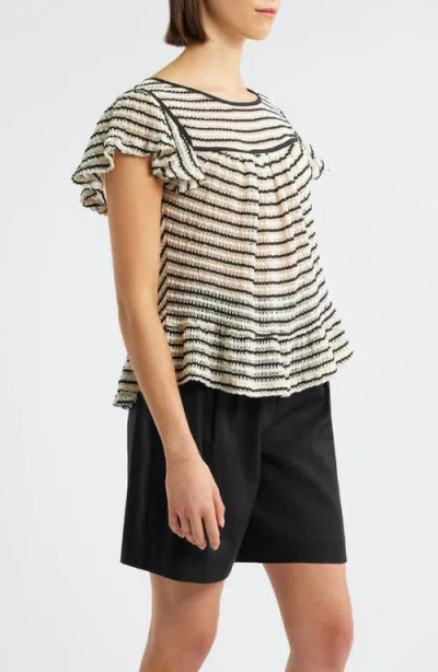 Bobeau Ruffle Open Stitch Short Sleeve Sweater In Multi